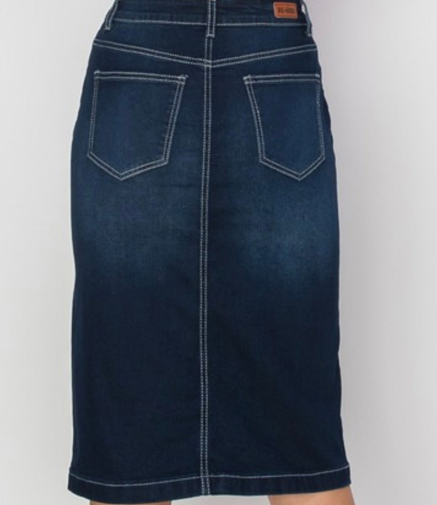 “Ruby Rose” Midi Dark Denim Skirt