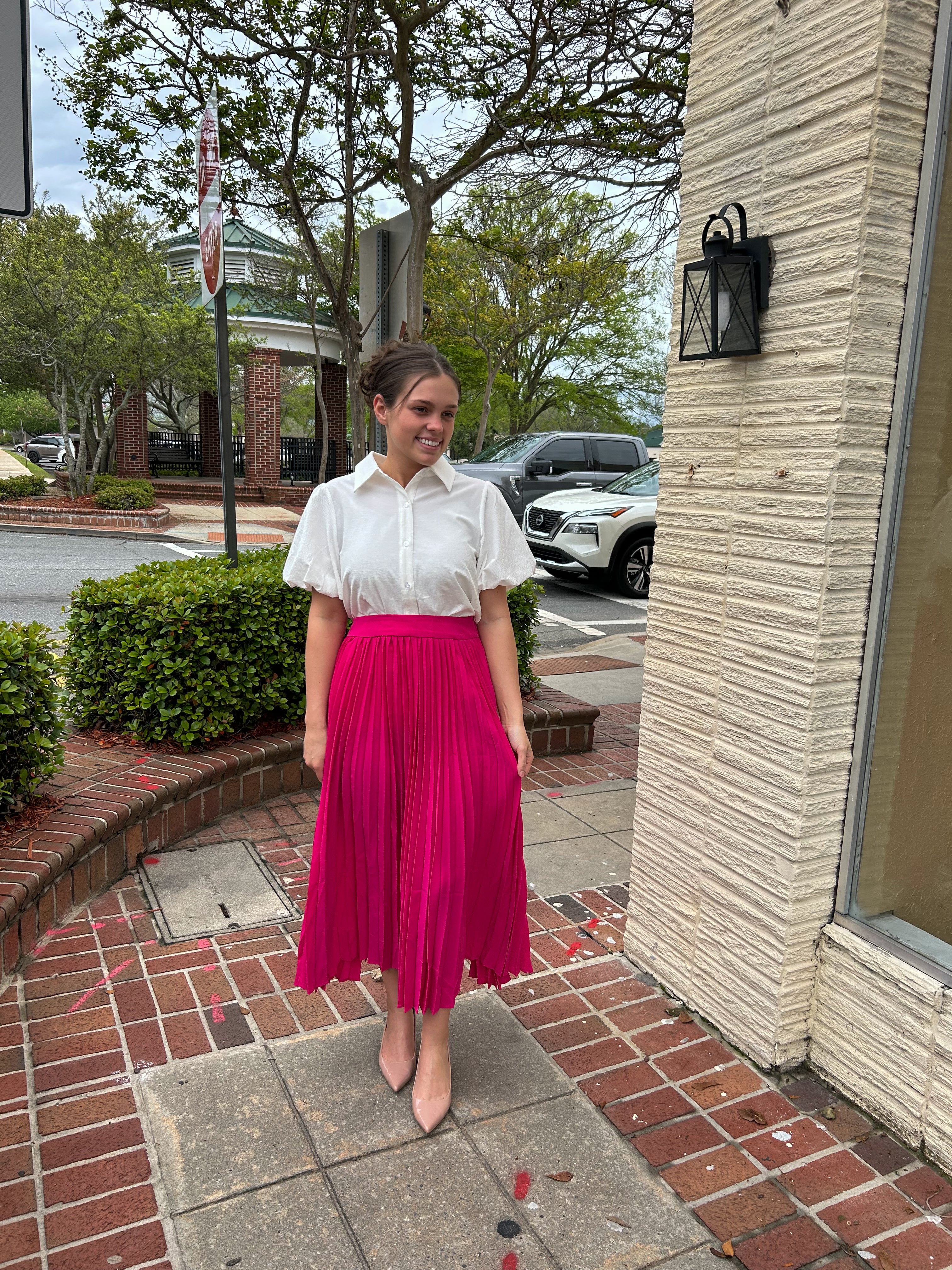 “Pleated Princess” Midi Skirt in Hot Pink