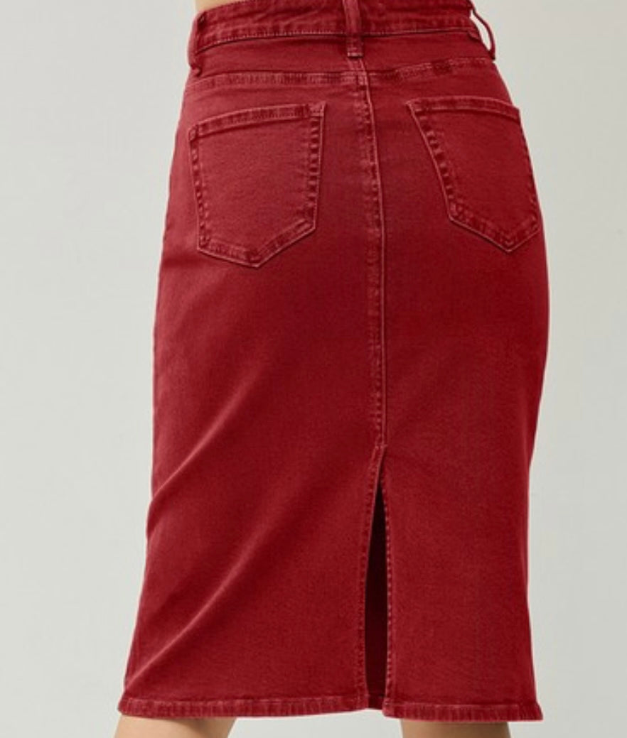 “Lauren Brooke” Midi Denim Skirt in Wine