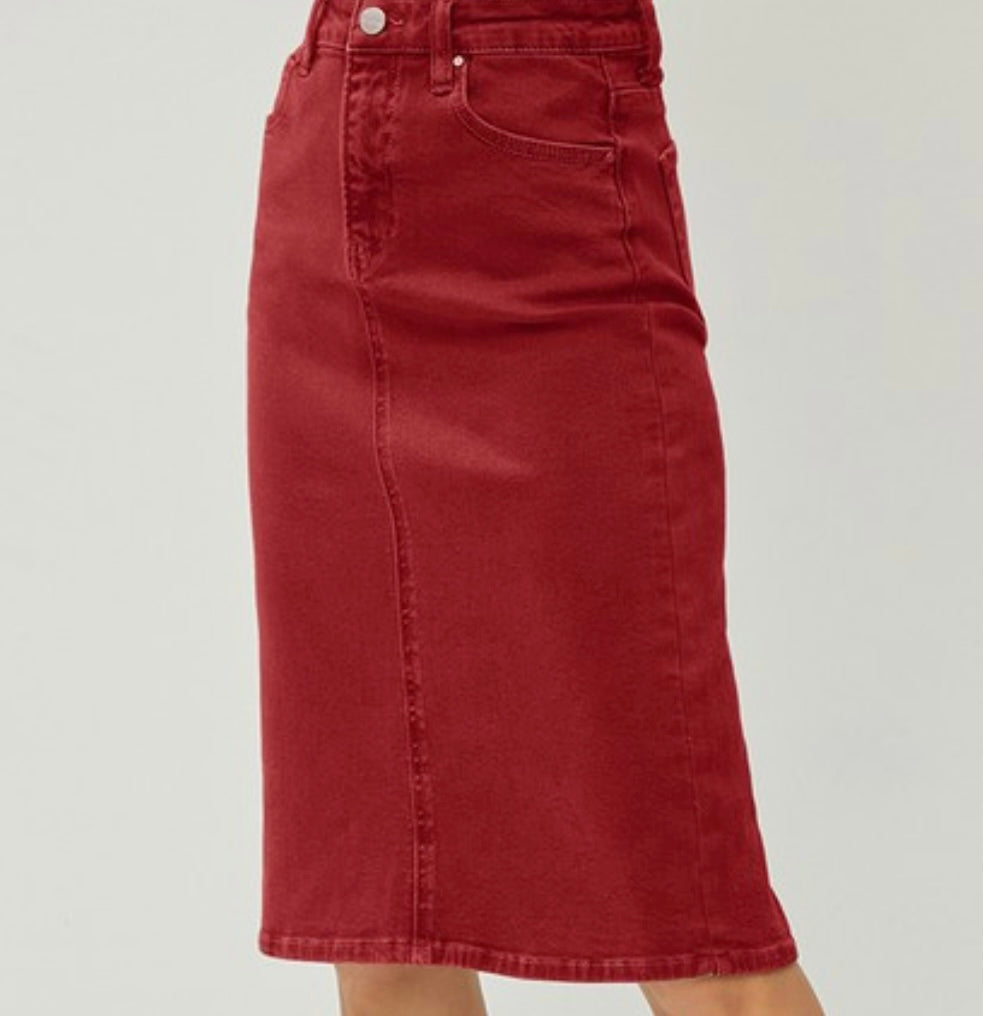 “Lauren Brooke” Midi Denim Skirt in Wine