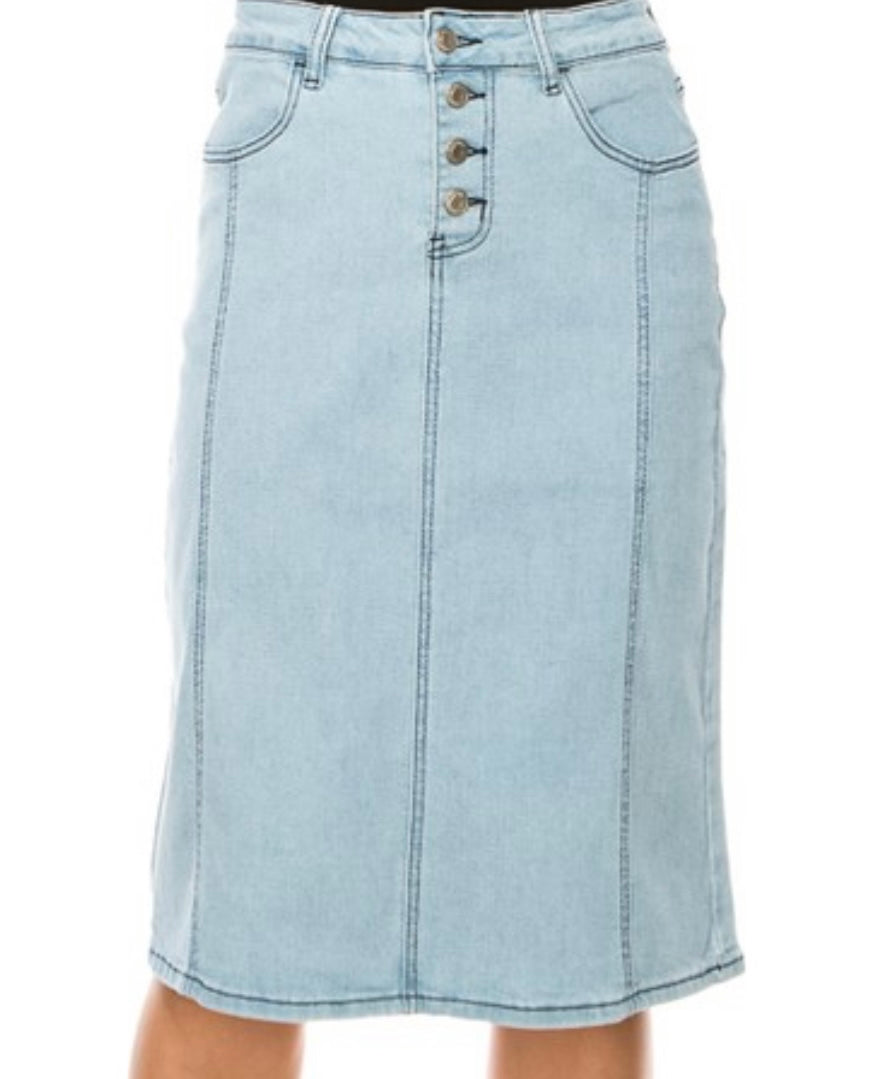 “Lily Anne” Light Wash midi Denim Skirt