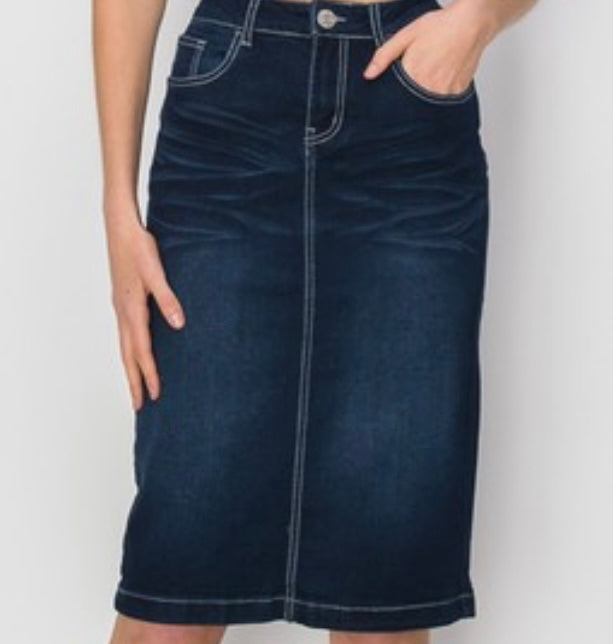 “Ruby Rose” Midi Dark Denim Skirt