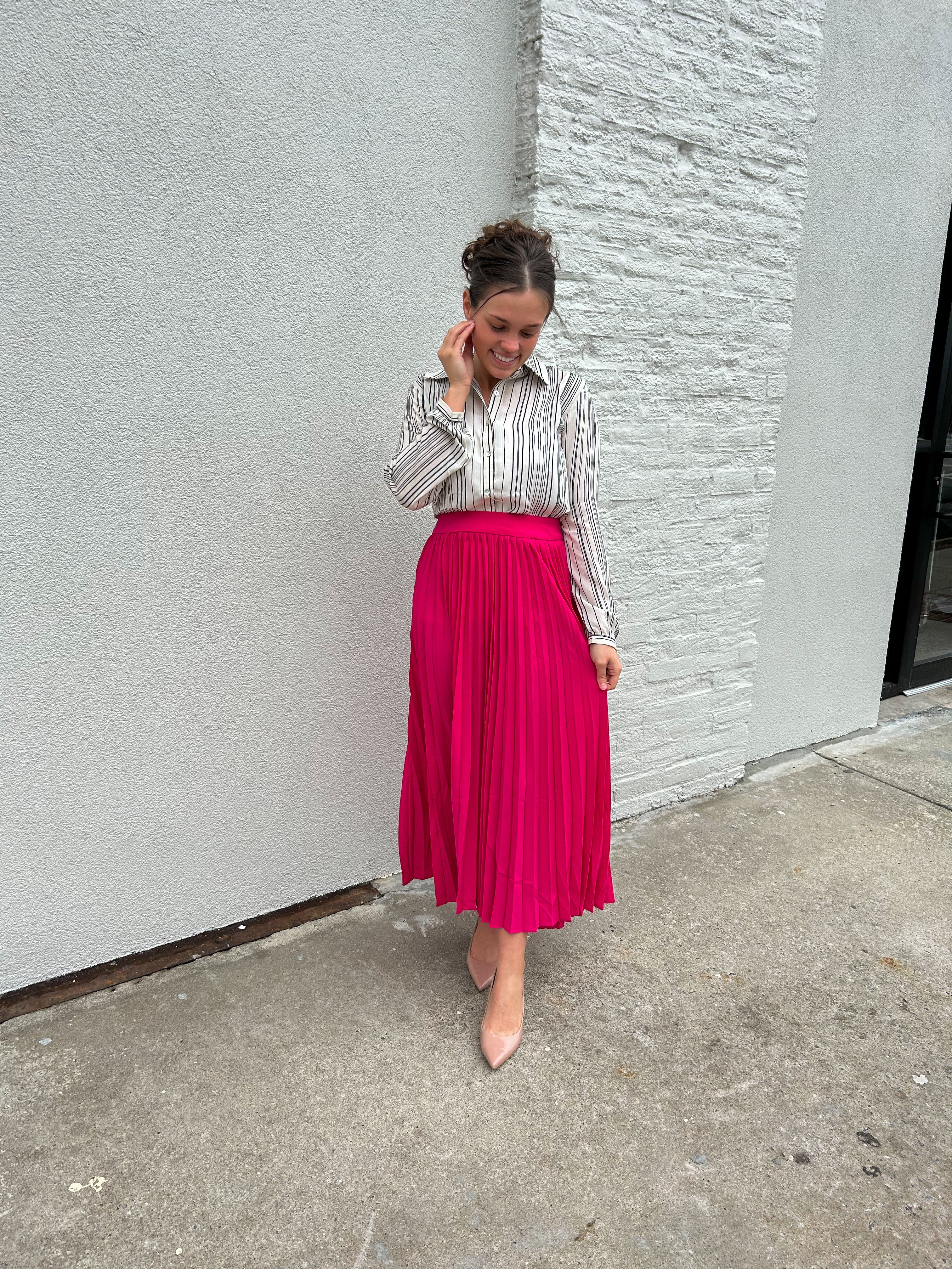 “Pleated Princess” Midi Skirt in Hot Pink