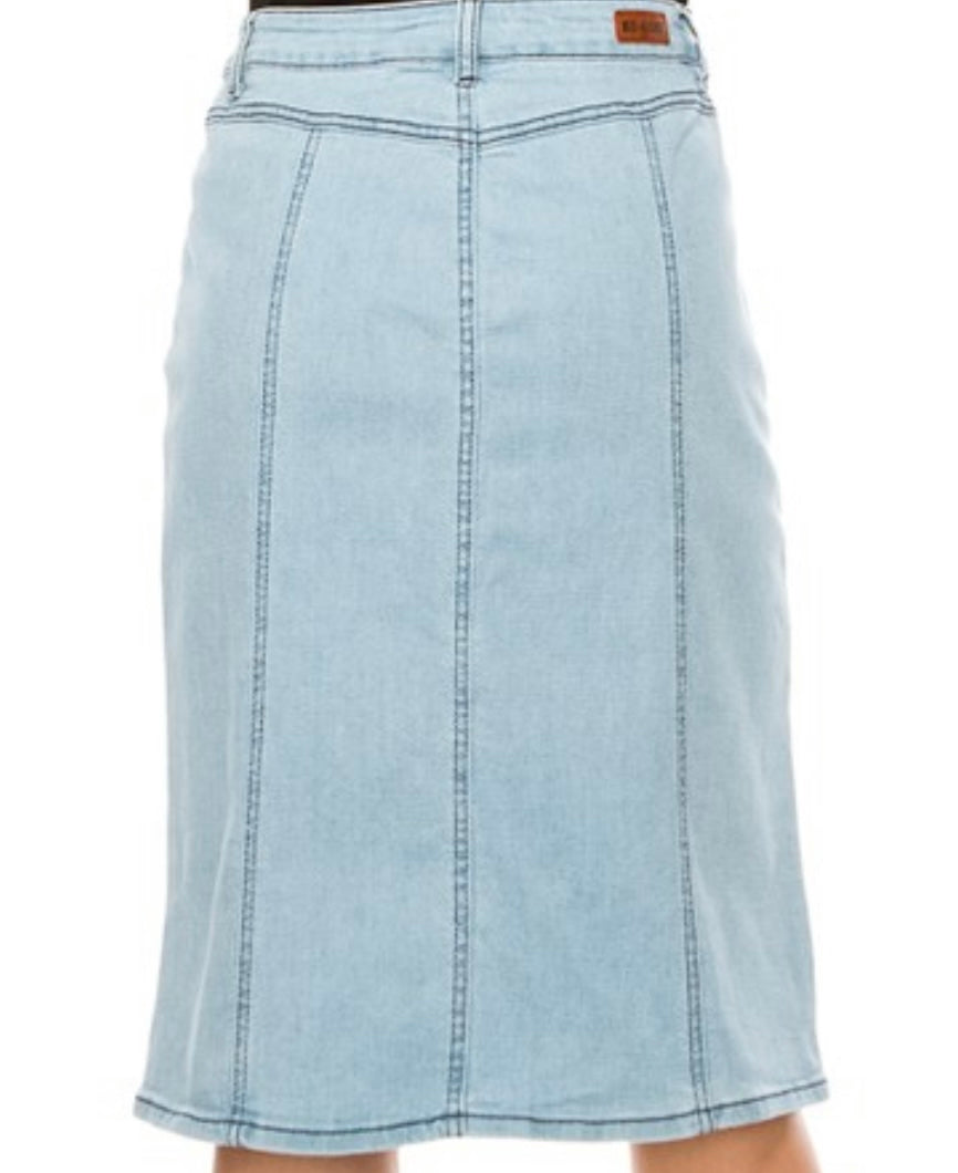 “Lily Anne” Light Wash midi Denim Skirt