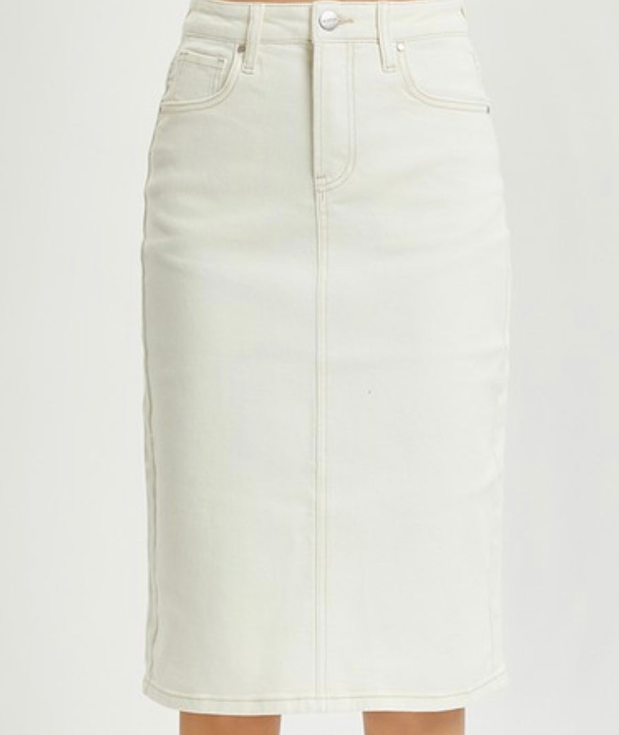 “Lauren Brooke” Midi Denim Skirt in Cream