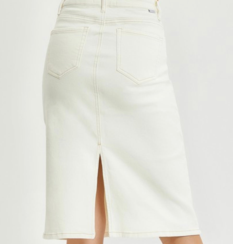 “Lauren Brooke” Midi Denim Skirt in Cream