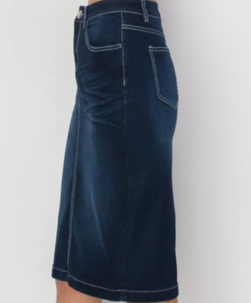 “Ruby Rose” Midi Dark Denim Skirt