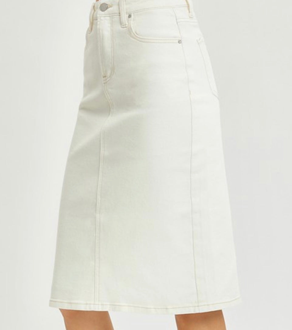 “Lauren Brooke” Midi Denim Skirt in Cream