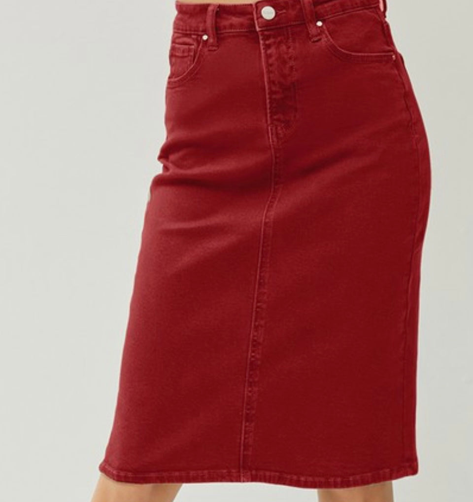 “Lauren Brooke” Midi Denim Skirt in Wine