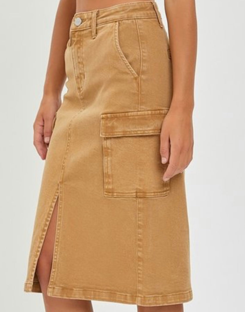 “Mallory Jane” Midi Denim Skirt in Khaki