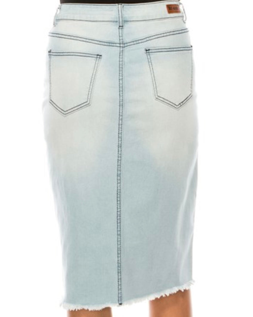 “Demi Grae” Light Wash Midi Denim Skirt