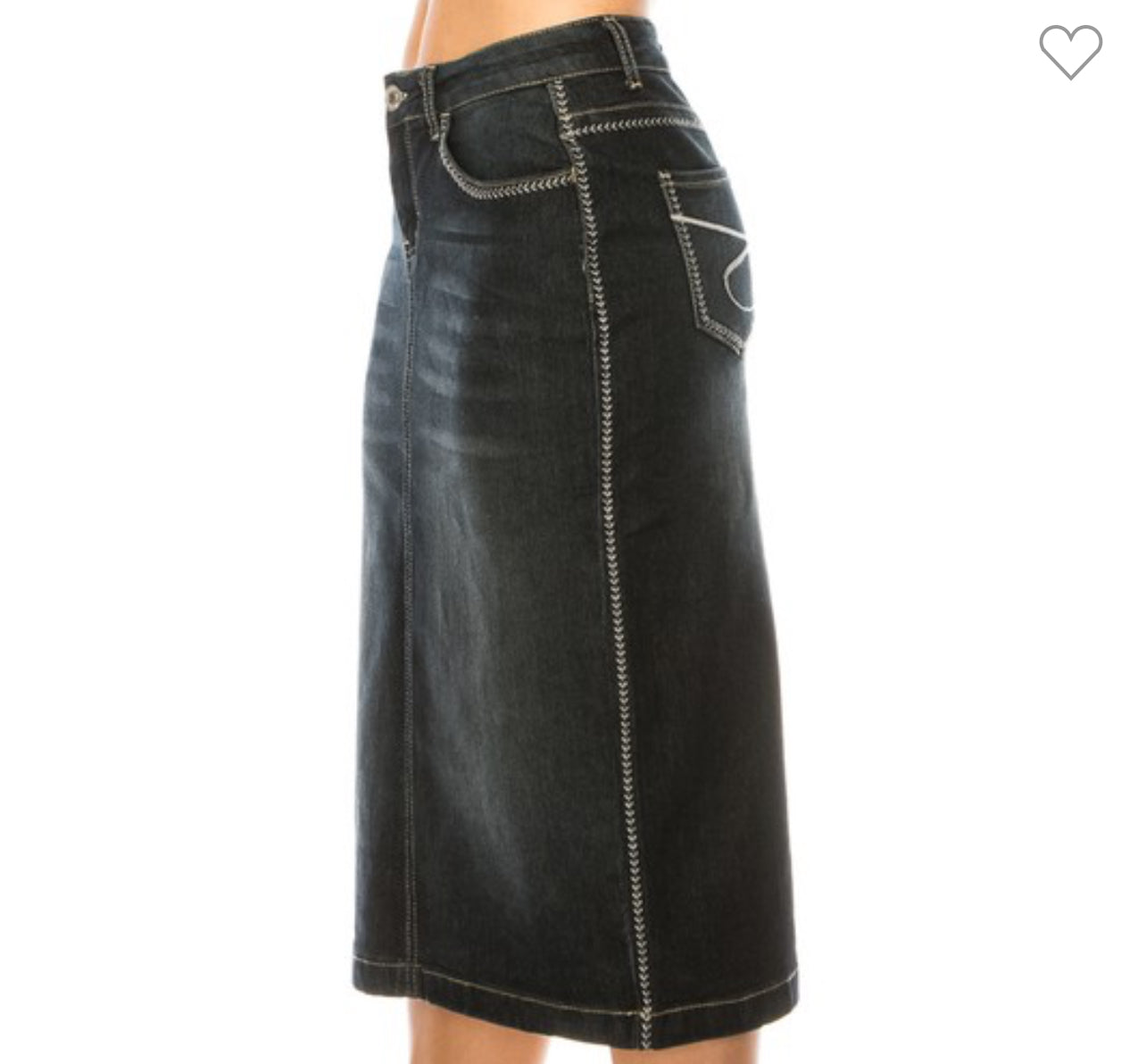 “Kayla Ann” Midi Denim Skirt in Black Wash