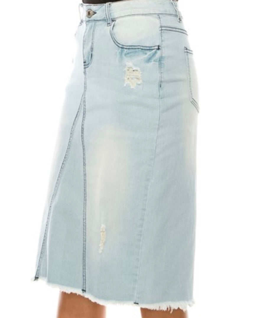 “Demi Grae” Light Wash Midi Denim Skirt