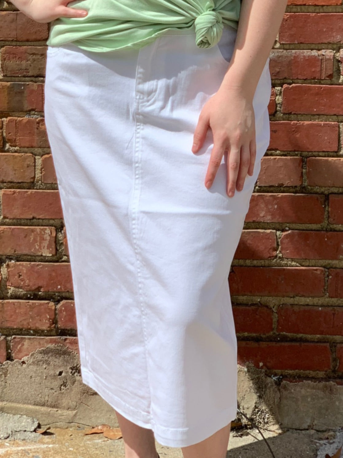 “Zoe Michelle” Midi Denim Skirt in White