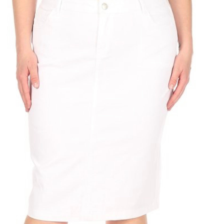 “Zoe Michelle” Midi Denim Skirt in White