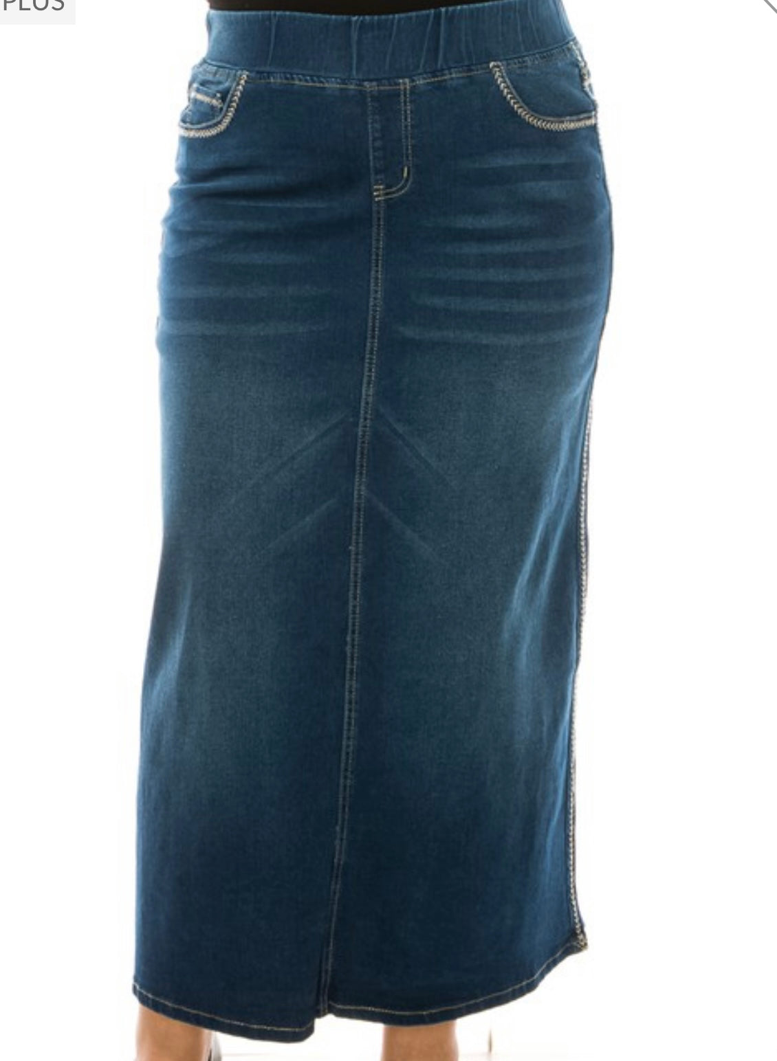 “Kayla Ann” With Elastic Waist Plus Long Denim Skirt