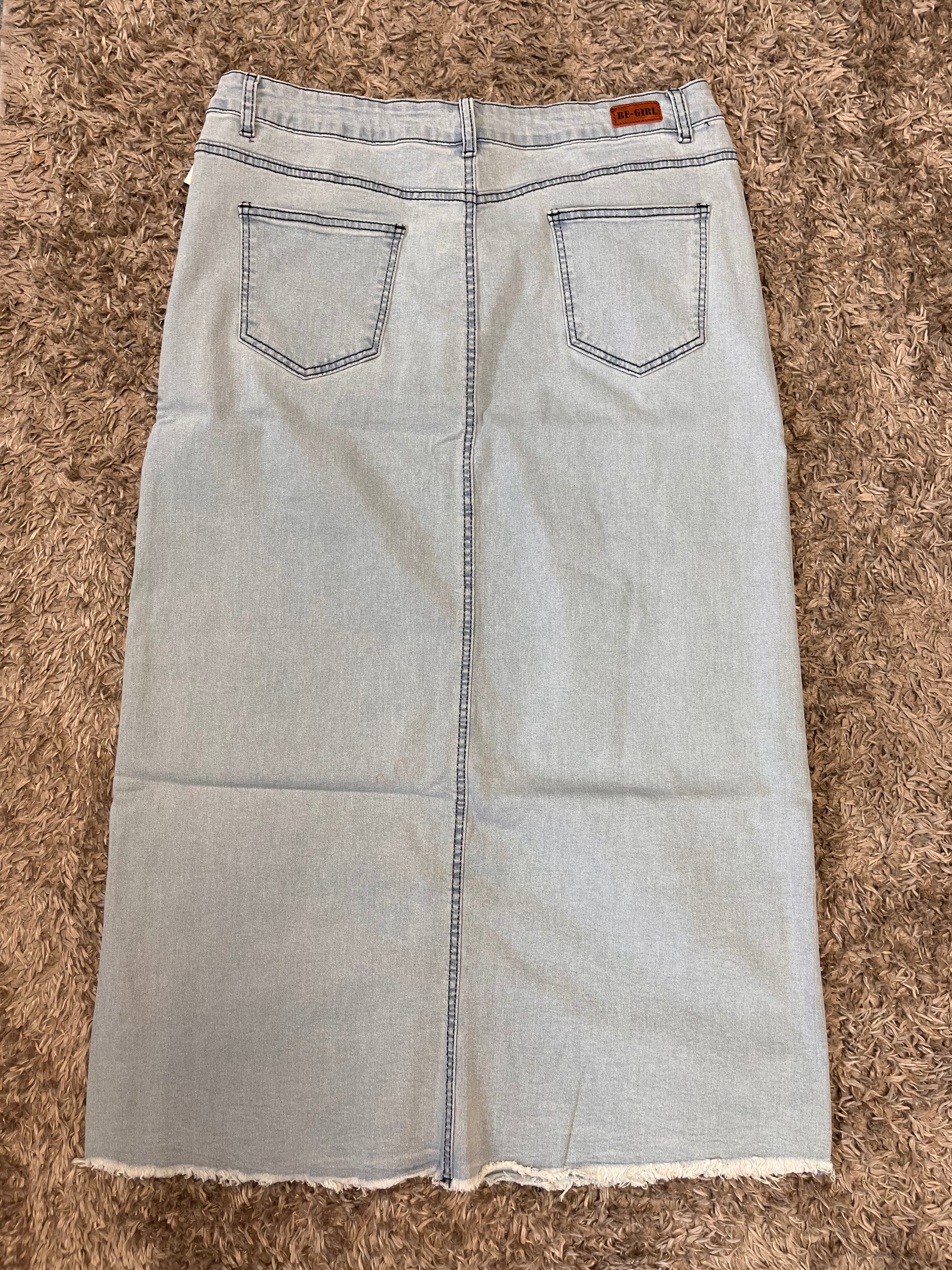 “Sue Ellen” Long Light Wash Plus Denim Skirt with Frayed Hem