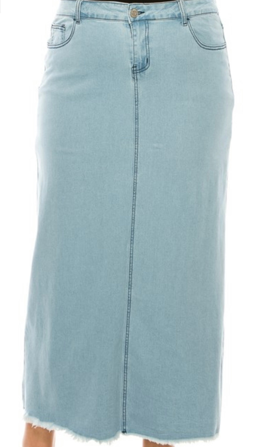 “Sue Ellen” Long Light Wash Plus Denim Skirt with Frayed Hem
