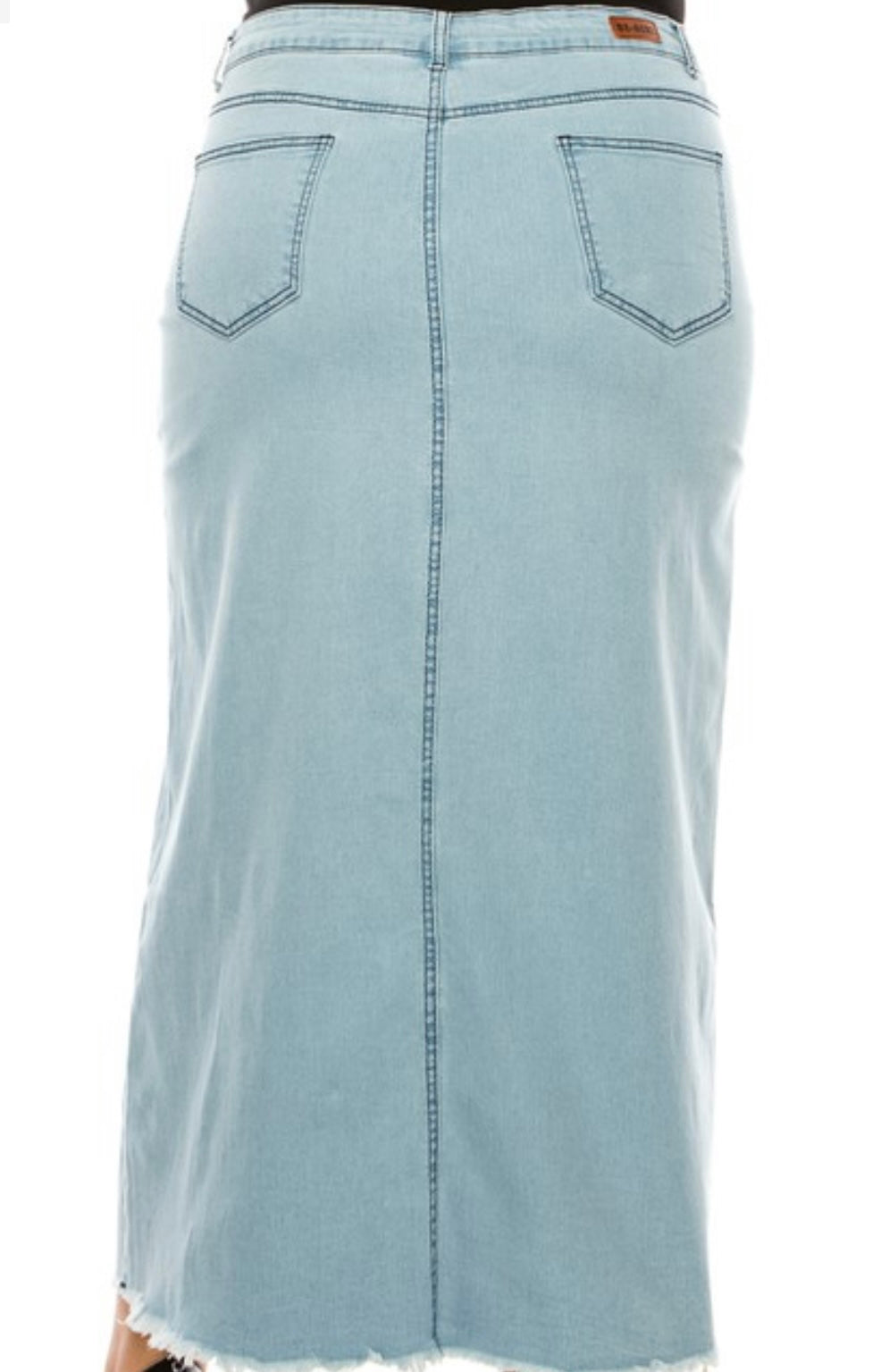 “Sue Ellen” Long Light Wash Plus Denim Skirt with Frayed Hem
