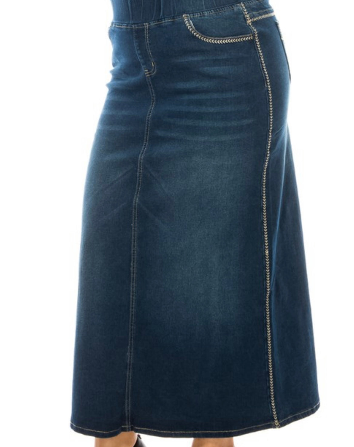 “Kayla Ann” With Elastic Waist Plus Long Denim Skirt