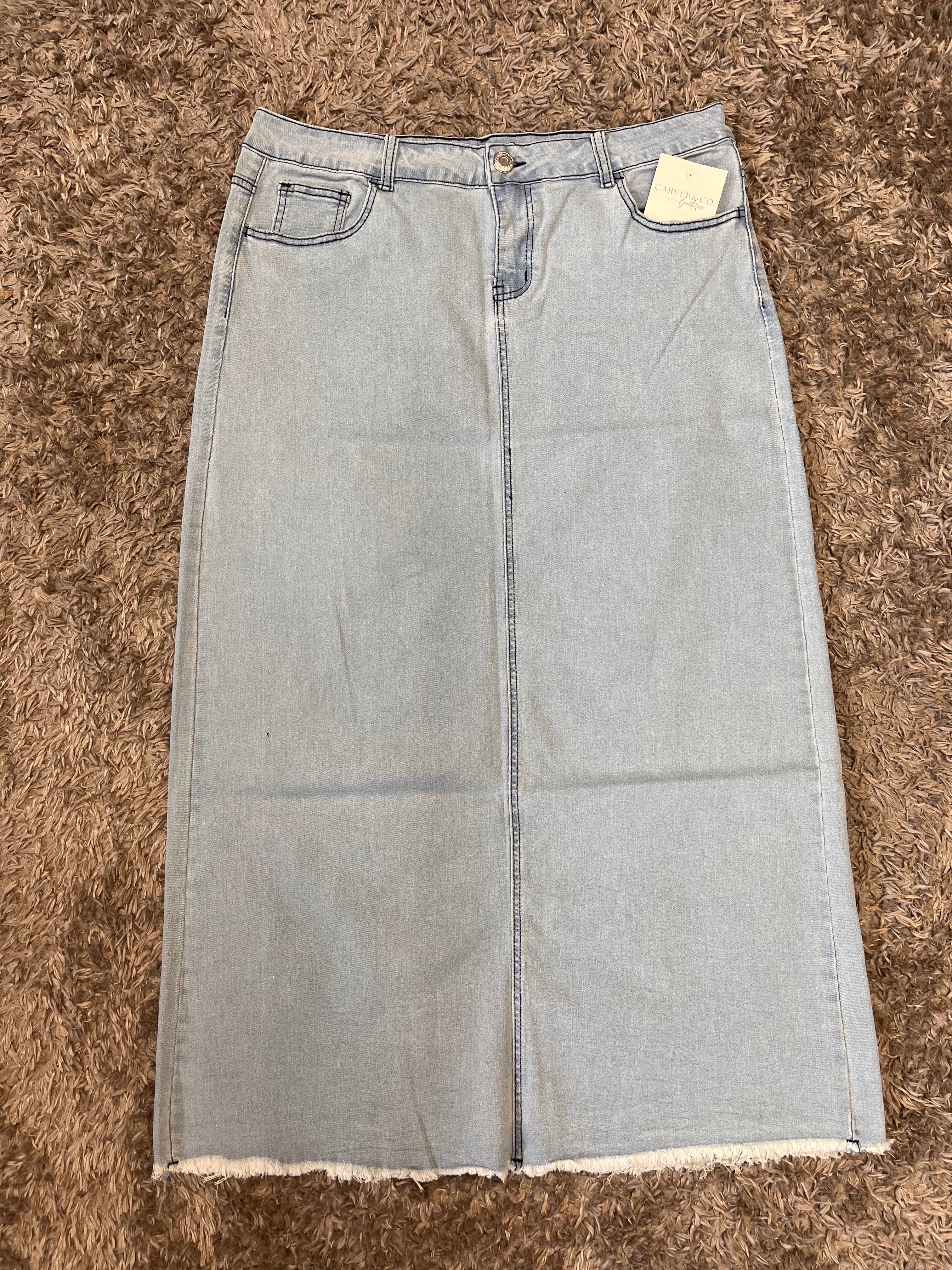 “Sue Ellen” Long Light Wash Plus Denim Skirt with Frayed Hem