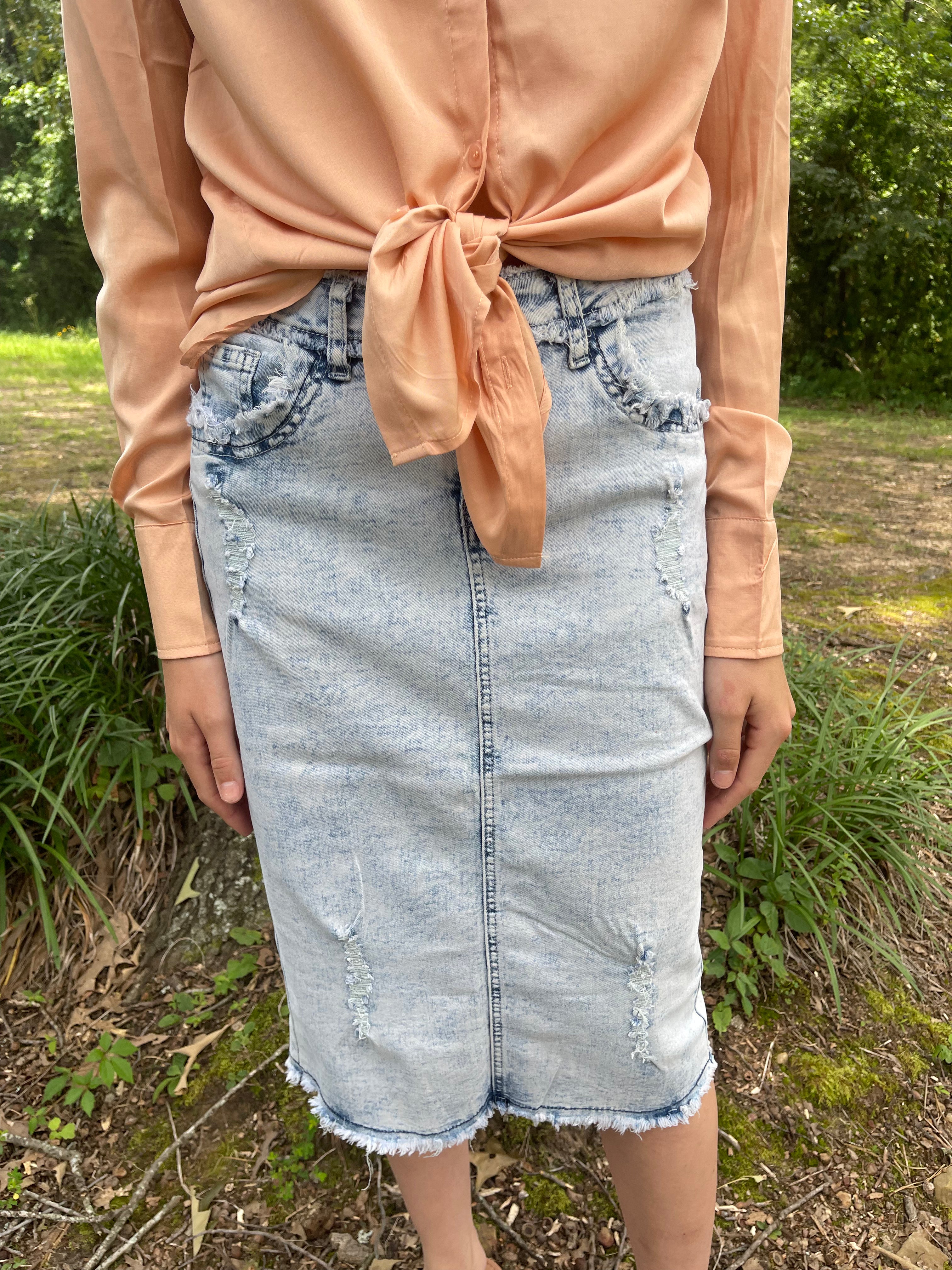 “Hayden Leigh” Sand Blush Midi Denim Skirt