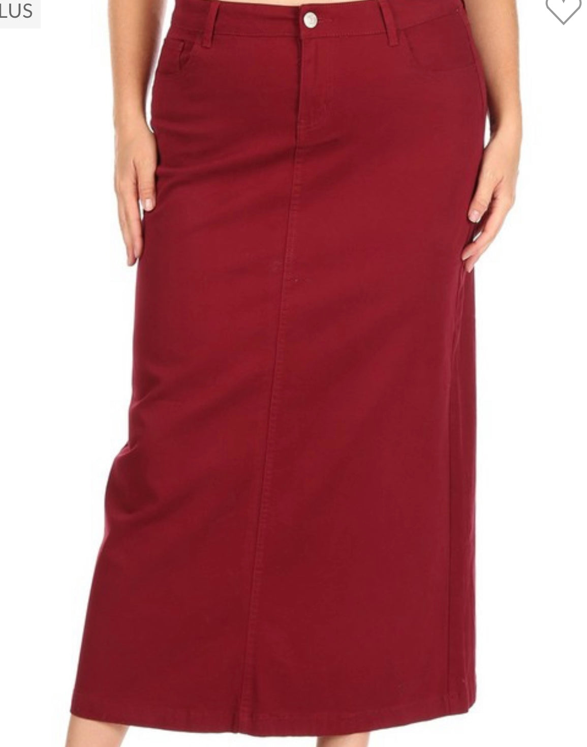 “Zoe Michelle” Plus Long Denim Skirt in Burgundy