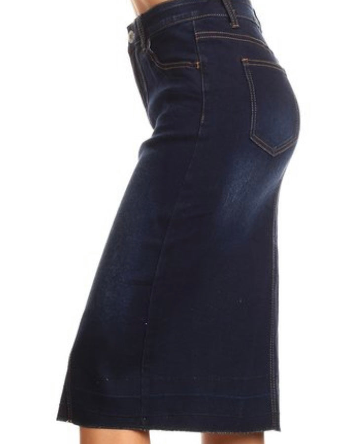 “Liza Ann” Dark Midi Denim Skirt