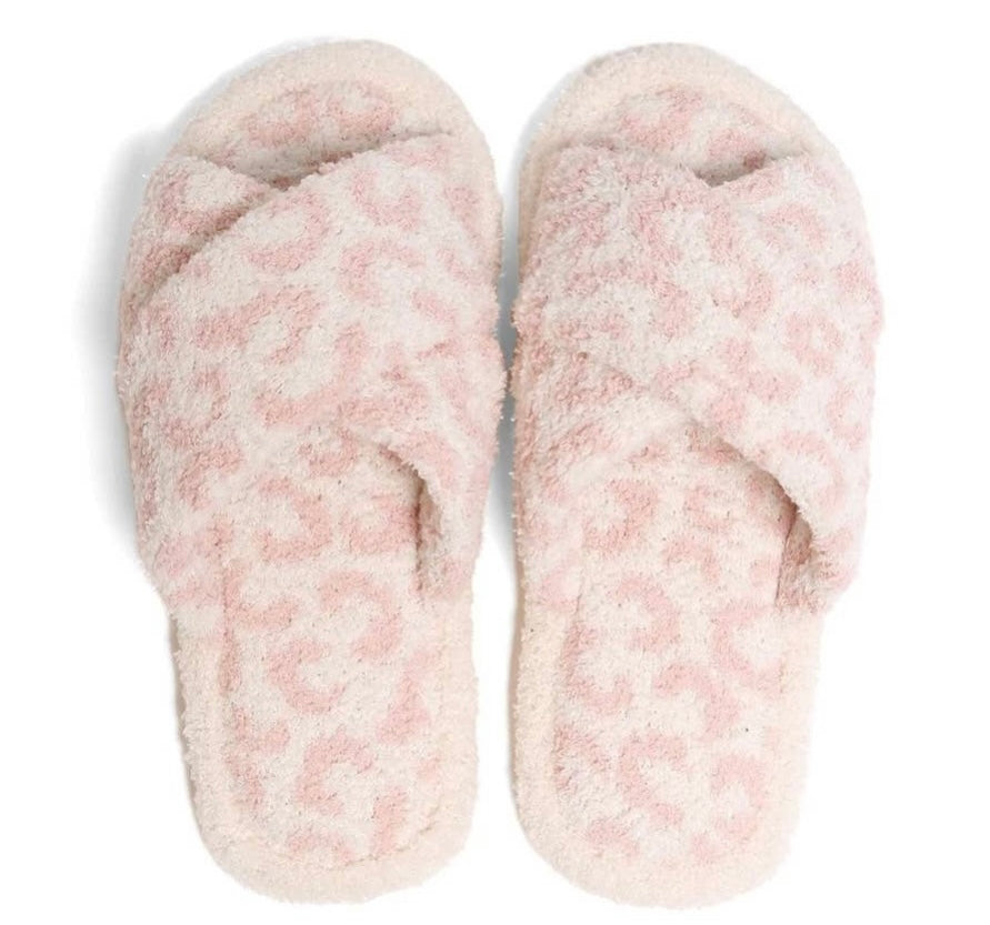 “Fuzzy, Warm, and Cozy” Open Toed Slippers in Pink Leopard