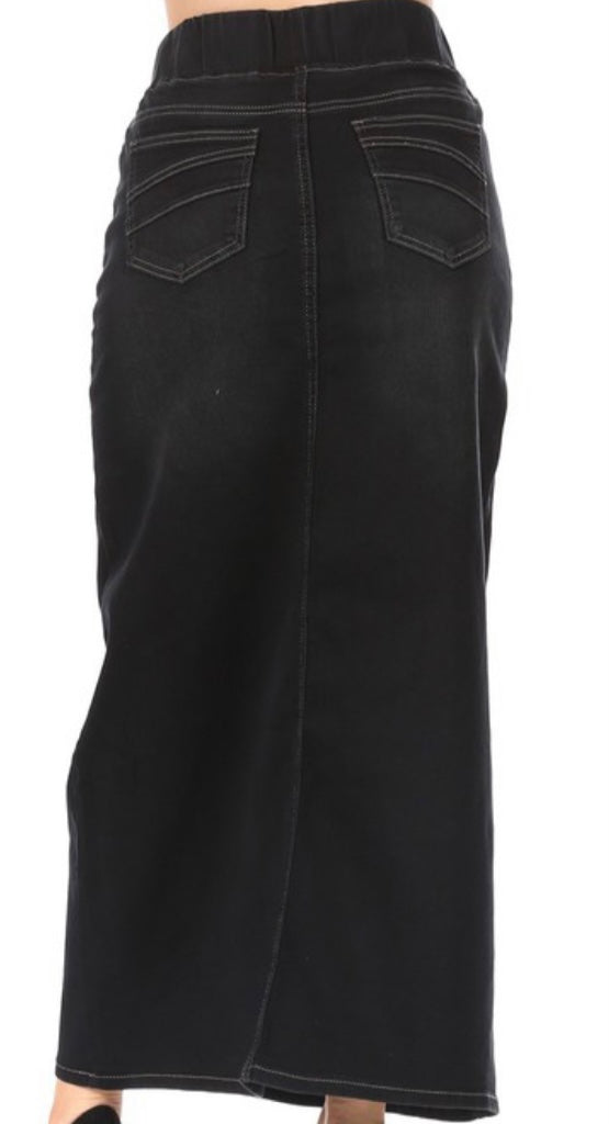 "Ellie Rae" Black Washed Long Denim Skirt