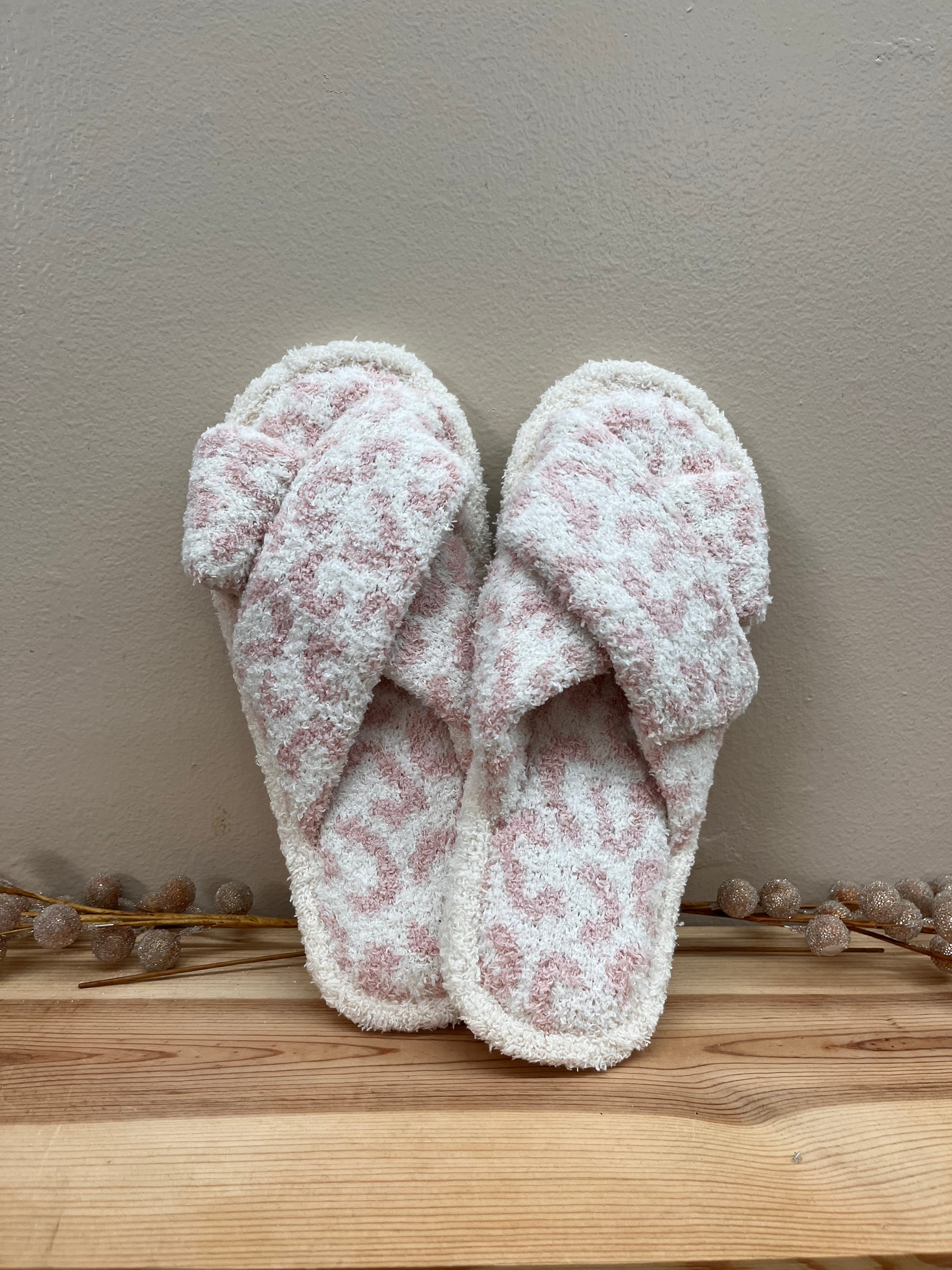 “Fuzzy, Warm, and Cozy” Open Toed Slippers in Pink Leopard