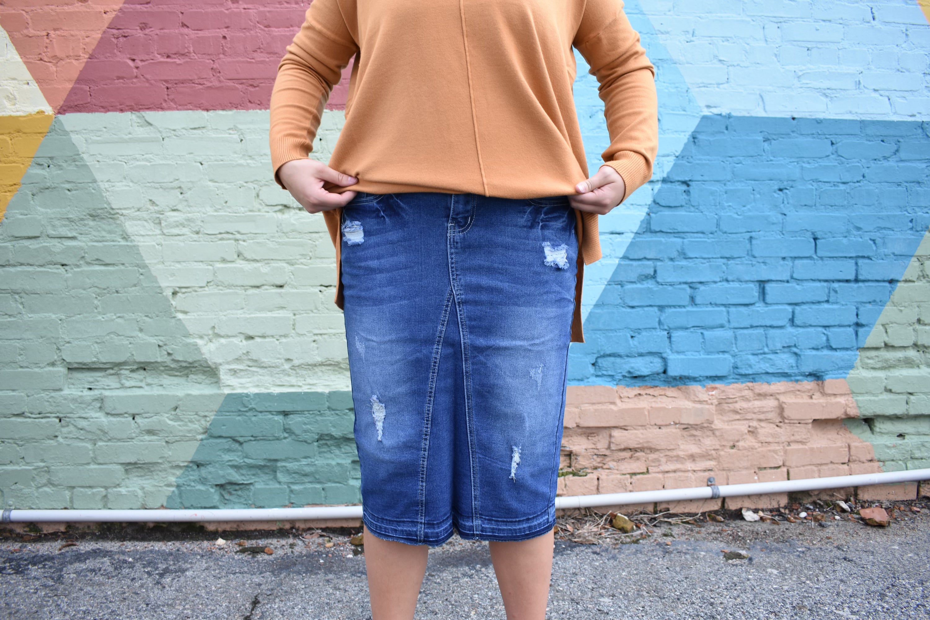 “Cassie Ann” Plus  Midi Denim Skirt