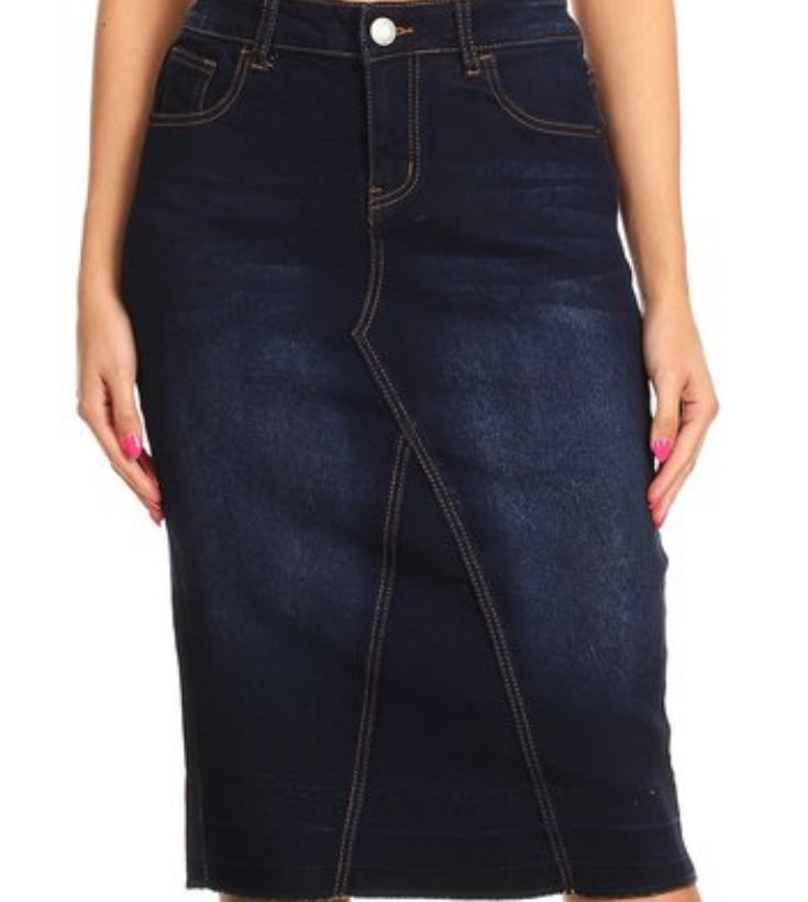 “Liza Ann” Dark Midi Denim Skirt